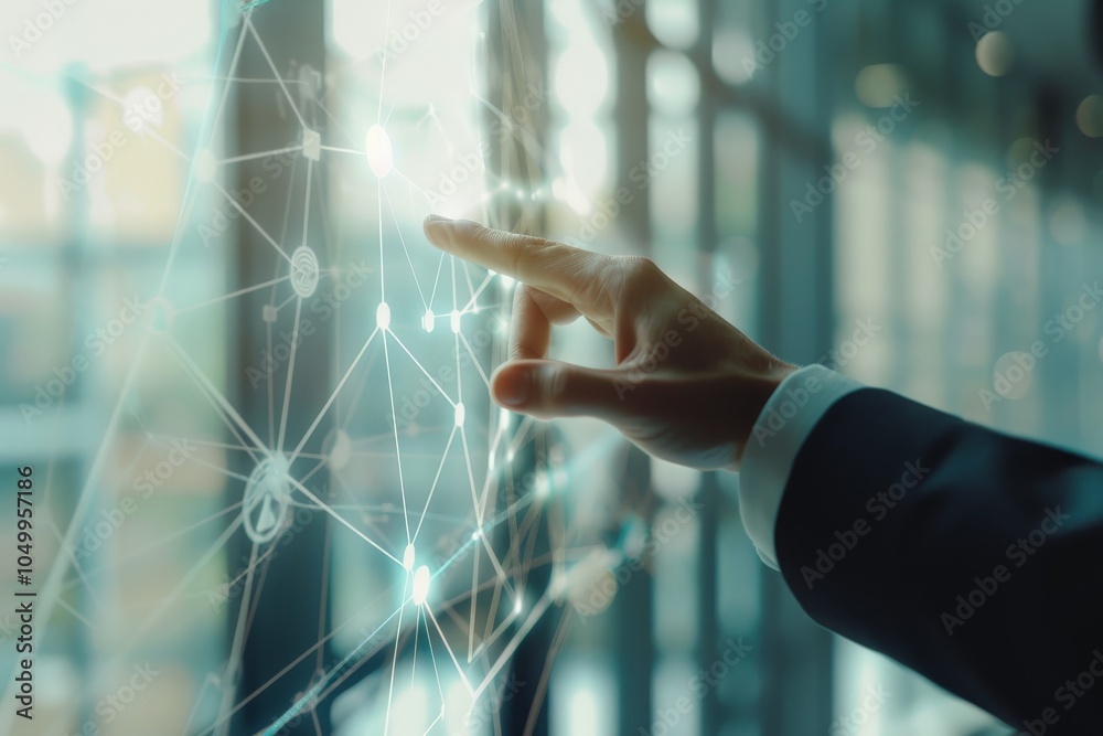 Poster a hand appears to interact with a digital touchscreen, showcasing a futuristic network-like interfac
