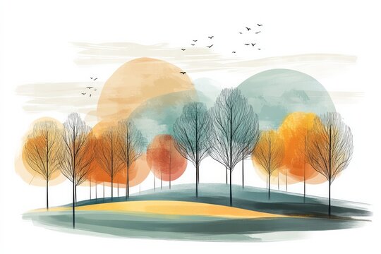 watercolor landscape, trees and leafs, colorful line, theme nature, autumn