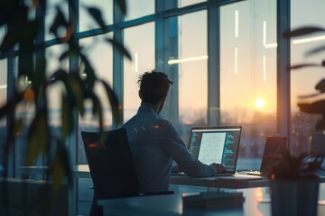 A person is seated at a desk, looking at a laptop screen and gazing out a large window as the sun sets, casting a warm glow over the office space.