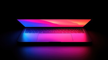 A sleek laptop illuminated with vibrant colors against a dark background.