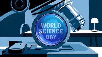 Obraz premium Microscope eyepiece showing faint “world science day” text in dark room
