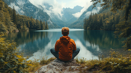 person sitting on the edge of the mountain