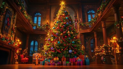 Fototapeta premium Beautifully Decorated Christmas Tree in Cozy Setting