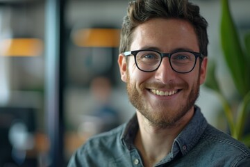 Obraz premium A cheerful man with glasses smiles at the camera, set against a blurred modern office background, exuding friendliness and professionalism.