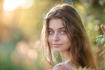 Obraz premium A young woman with long hair looks into the camera, surrounded by soft sunlight filtering through greenery, creating a serene and peaceful scene.