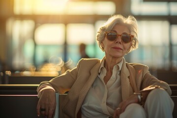 A sophisticated woman in elegant sunglasses sits confidently in an airport lounge, embodying modern style, confidence, and leisure amidst sleek architecture.