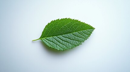 Obraz premium A single green leaf displayed on a light background, showcasing its texture and color.