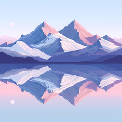 Fototapeta premium A serene sunrise over majestic mountains, their peaks kissed by the soft blush of dawn, perfectly reflected in a tranquil lake below.