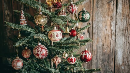 Naklejka premium Vintage Christmas Tree with Classic Ornaments and Decor