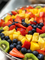 Obraz premium Fresh fruit salad with pineapple, strawberries, and blueberries
