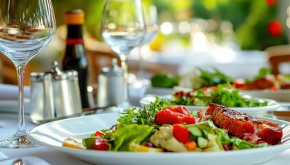 A beautifully arranged meal featuring fresh salads and grilled meat in an outdoor dining setting.
