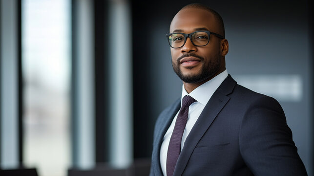 confident man in suit stands in modern office setting, exuding professionalism and charisma. His glasses add touch of sophistication to his appearance.