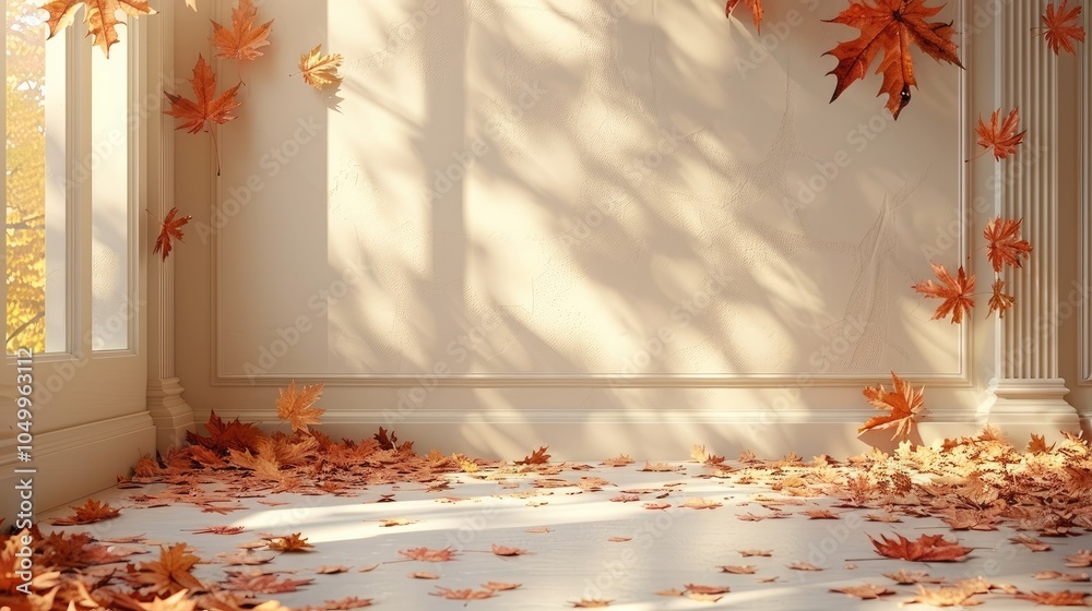 Poster autumn background, studio background display with shadow autumn leaves overlay on beige floor room, 