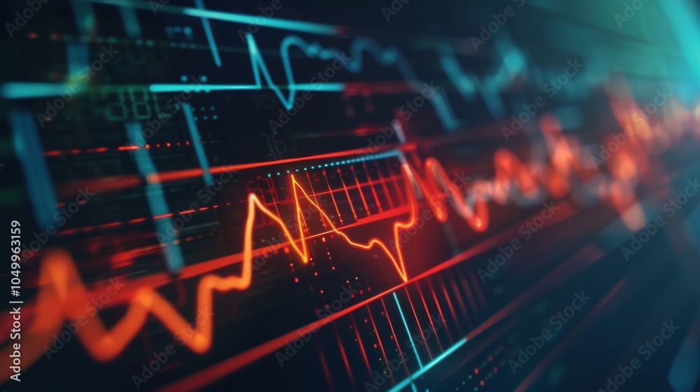 Poster a dramatic close-up of a heart rate monitor with fluctuating graphs and vibrant colors, set against 