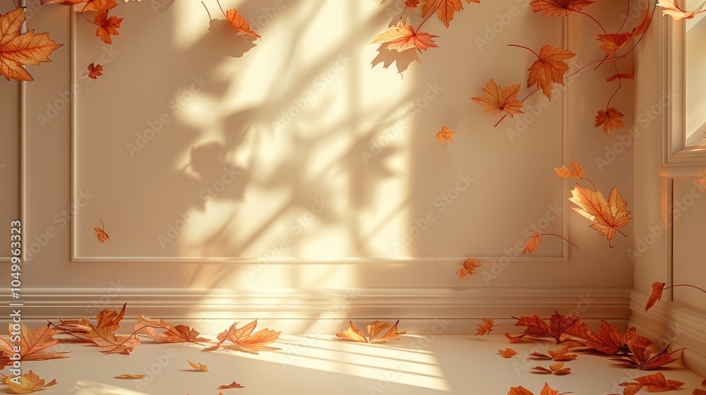Poster autumn background, studio background display with shadow autumn leaves overlay on beige floor room, 