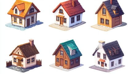 A set of house icons, featuring various illustrations representing shelter and home. The designs may include different styles of houses, roof shapes