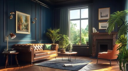 Fototapeta premium Dark blue walls with wooden floors, a modern fireplace as a centrepiece, black sofas and greenery to add a natural touch.