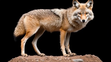 Fototapeta premium Lone Coyote Standing on a Hill Wild Animal Canid Wildlife Photography Black Background