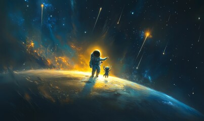 Astronaut and alien stand on a planet with shooting stars.
