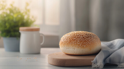 Freshly baked sesame seed bun resting on wooden board, with soft cloth beside it. cozy kitchen setting is enhanced by potted plant and white jug in background.