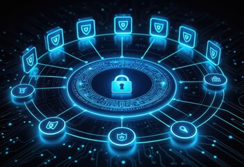 Obraz premium Security concept with a digital shield and lock, ensuring safe transactions on crypto wallets and platforms
