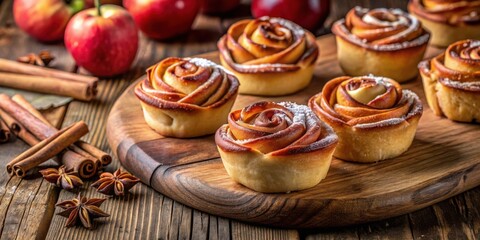 Fototapeta premium Sweet Rose-Shaped Pastry Delights with Cinnamon and Star Anise on a Wooden Cutting Board