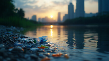Plastic bottle discarded on shore of river, reflecting environmental issues of pollution against backdrop of city skyline at sunset.