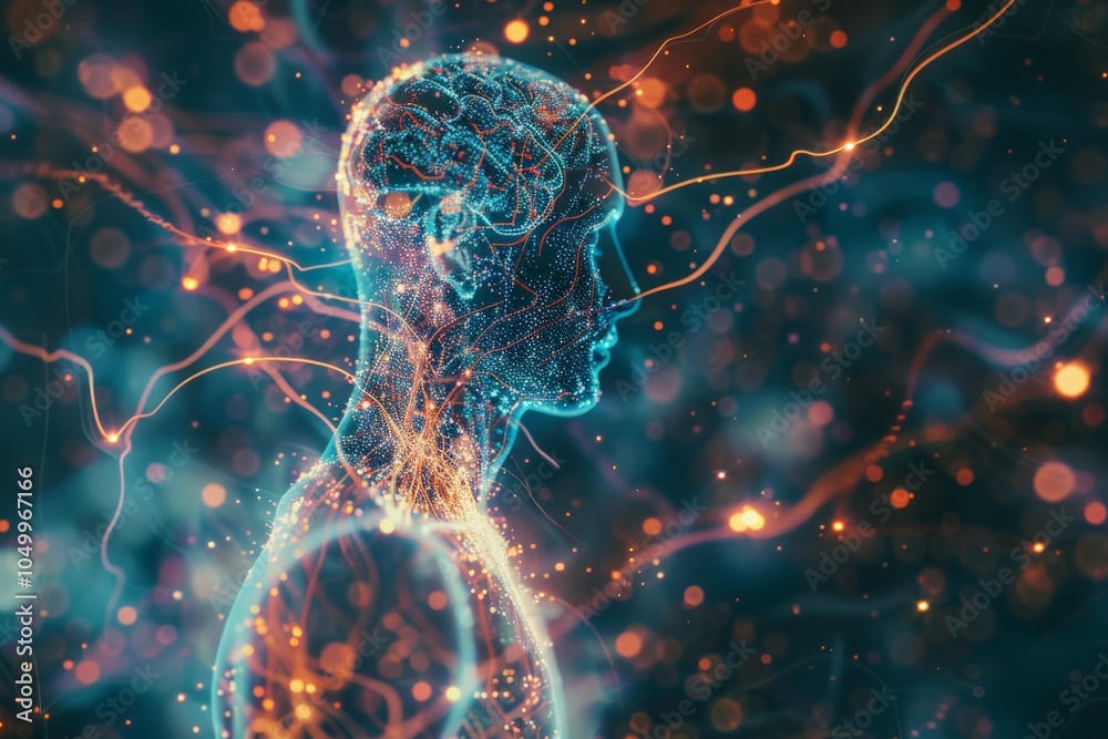 Poster an abstract representation of a human-like figure with a digital brain and glowing neural connection