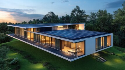 Obraz premium Modern Smart Home with Solar Panels for Sustainable Living