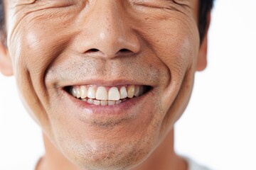 Obraz premium A close-up of a smiling person showcasing genuine happiness through their imperfect teeth, conveying warmth and shared joy, captured in realistic detail.