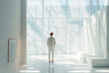Fototapeta premium A lone man stands in a minimalistic white room bathed in abundant natural light, casting intricate shadow patterns on the walls and floor surfaces.