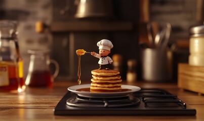 Chef doll pouring syrup on pancakes.