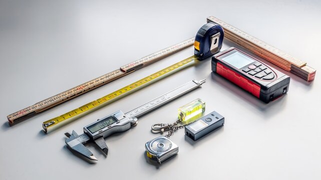 Selection of measurement tools (laser rangefinder, tape measure, folding ruler, level, mini-rangefinder, caliper)