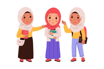 Funny little girl student wearing a hijab. Trendy flat vector illustration