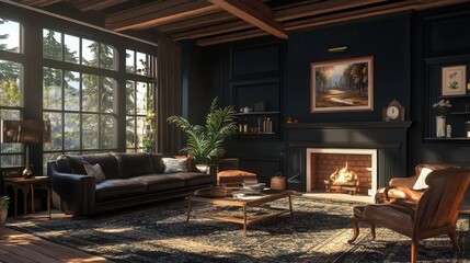 Fototapeta premium Dark blue walls with wooden floors, a modern fireplace as a centrepiece, black sofas and greenery to add a natural touch.