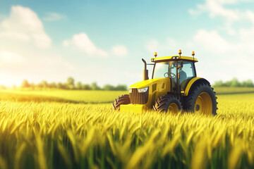 Fototapeta premium Illustration of a tractor in a golden wheat field in autumn