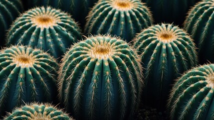 Fototapeta premium A close-up view of spherical cacti with spines, showcasing their unique textures and colors.