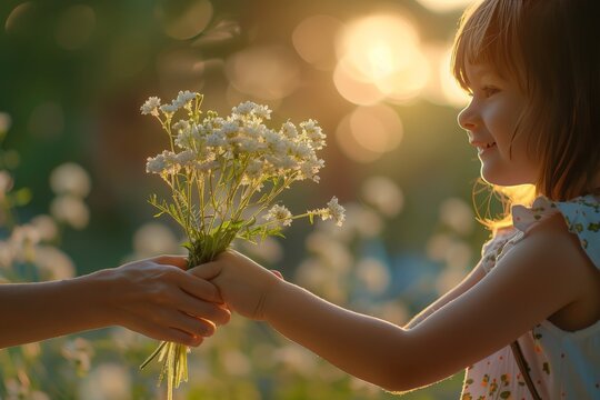 A smiling child accepts a bouquet of white flowers handed to them in a sunlit garden, capturing a moment of joy, innocence, and the beauty of nature in full bloom.
