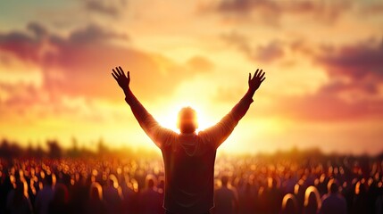 Spiritual Leader Offering Blessings to a Crowd at Sunset