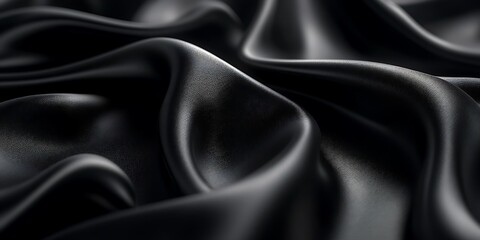 Fototapeta premium Close-up of smooth, black satin fabric with folds.