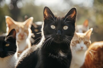A group of diverse cats including a prominent black cat gather outdoors, their expressions and fur patterns forming a delightful ensemble capturing a sense of curiosity and community.