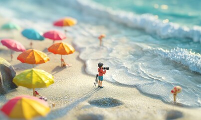Tiny photographer on a beach with colorful umbrellas.