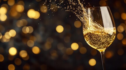 Golden stream of wine splashing into a glass, high-end restaurant setting, dark background