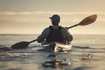 A solitary kayaker with a paddle glides over a serene sea during sunrise, representing solitude, peace, and the spirit of exploration in nature.