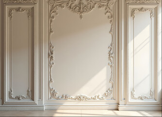 Fototapeta premium Elegant decorative plaster wall with ornate moldings and soft lighting