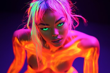 Stylish individual with vibrant neon body art, glowing against a dark backdrop, exuding confidence and allure.