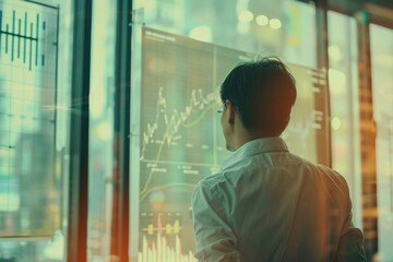A man in a business setting reviews complex financial graphs and data on transparent screens, indicating a futuristic approach to stock market analysis.