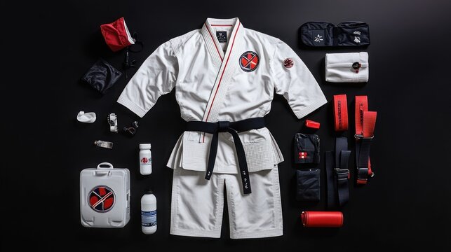 A white karate uniform with a black belt, surrounded by various training accessories, including a water bottle, a first aid kit, and wrist wraps, all laid out on a black background. - Powered by Adobe