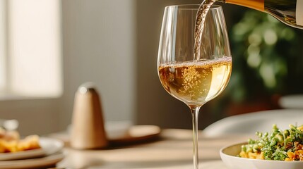 Naklejka premium Golden wine filling a glass, cozy dinner setup, soft shadows, warm atmosphere