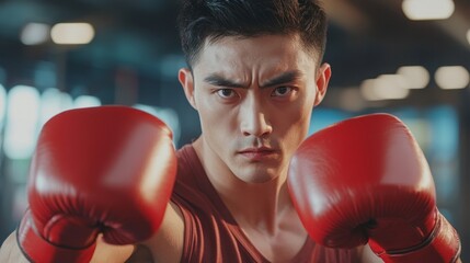 intense kickboxing training session with focused young fighter in red gloves at gym. asian male boxer, kickboxer routine. martial arts, thai box, sports and fitness banner